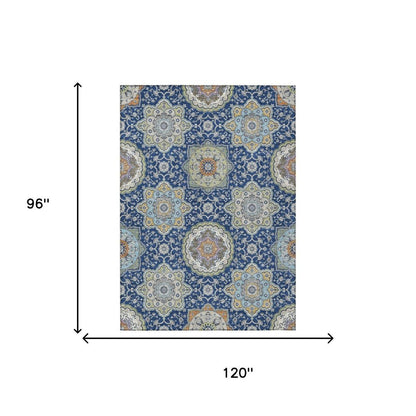 8' X 10' Navy Blue And Taupe Floral Medallion Washable Indoor Outdoor Area Rug HomeRoots