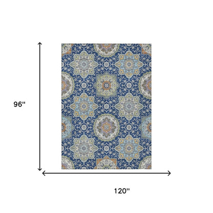 8' X 10' Navy Blue And Taupe Floral Medallion Washable Indoor Outdoor Area Rug HomeRoots