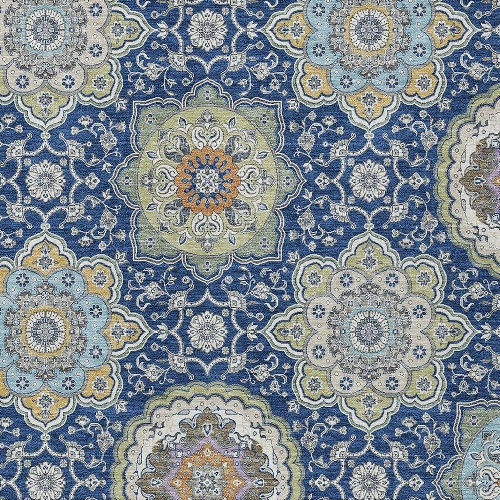 8' X 10' Navy Blue And Taupe Floral Medallion Washable Indoor Outdoor Area Rug HomeRoots