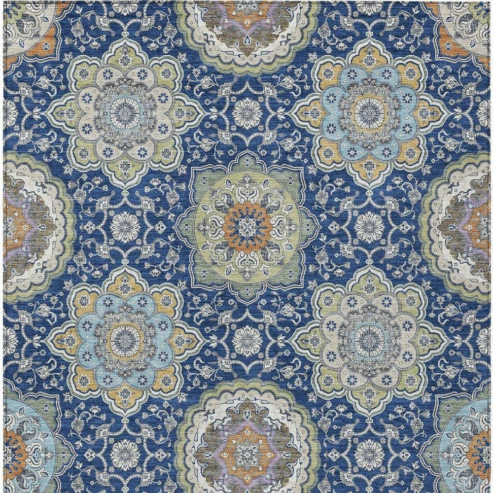 8' X 10' Navy Blue And Taupe Floral Medallion Washable Indoor Outdoor Area Rug HomeRoots