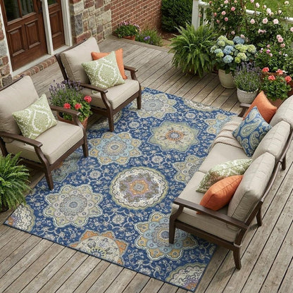 8' X 10' Navy Blue And Taupe Floral Medallion Washable Indoor Outdoor Area Rug HomeRoots