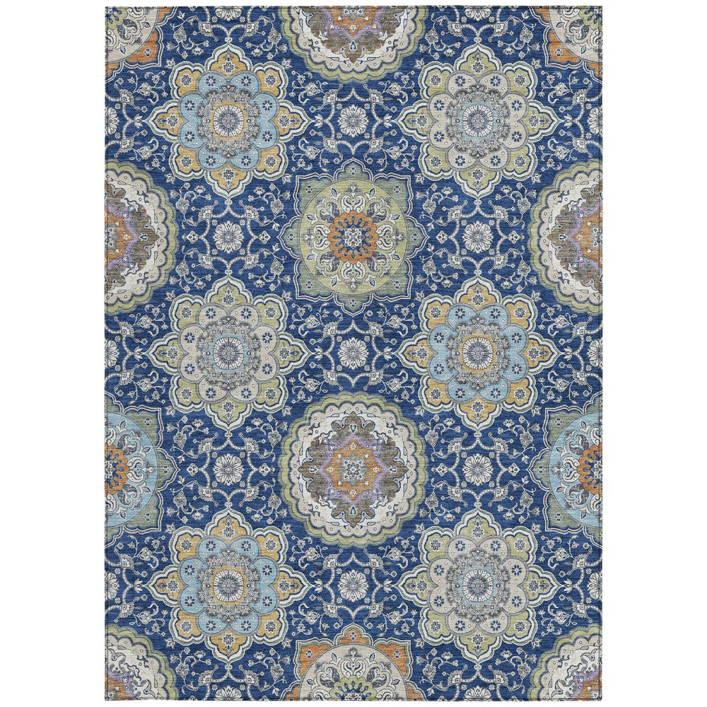 9' X 12' Navy Blue And Taupe Floral Medallion Washable Indoor Outdoor Area Rug HomeRoots