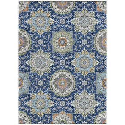 9' X 12' Navy Blue And Taupe Floral Medallion Washable Indoor Outdoor Area Rug HomeRoots
