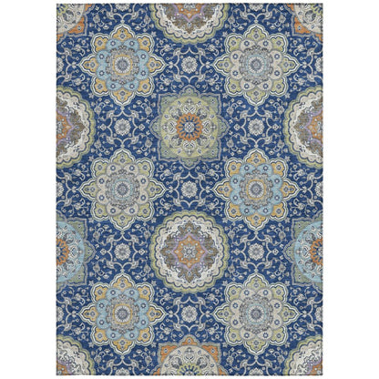 9' X 12' Navy Blue And Taupe Floral Medallion Washable Indoor Outdoor Area Rug HomeRoots