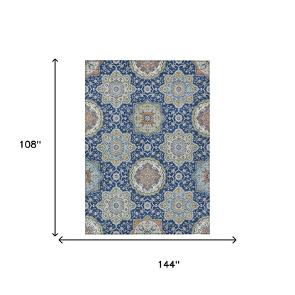 9' X 12' Navy Blue And Taupe Floral Medallion Washable Indoor Outdoor Area Rug HomeRoots