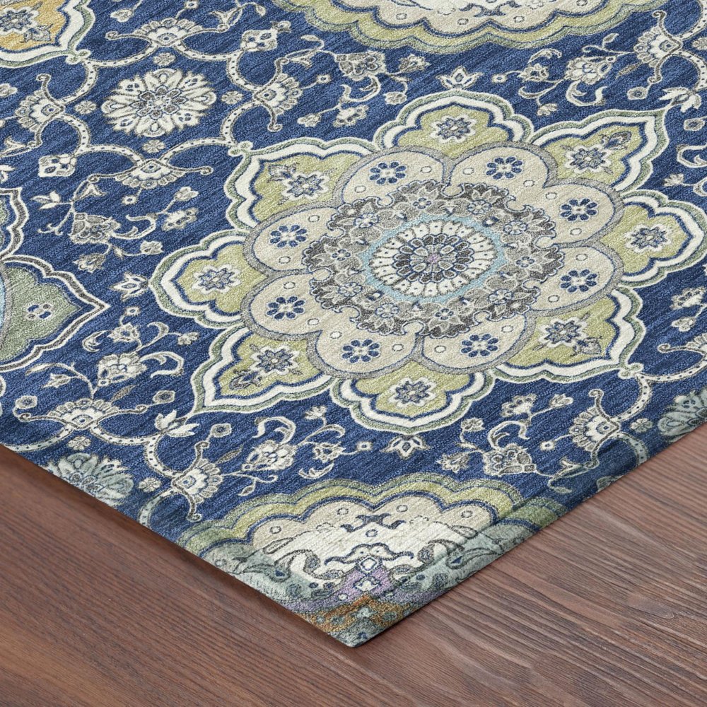 9' X 12' Navy Blue And Taupe Floral Medallion Washable Indoor Outdoor Area Rug HomeRoots
