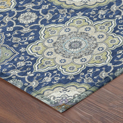 9' X 12' Navy Blue And Taupe Floral Medallion Washable Indoor Outdoor Area Rug HomeRoots