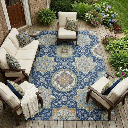 9' X 12' Navy Blue And Taupe Floral Medallion Washable Indoor Outdoor Area Rug HomeRoots