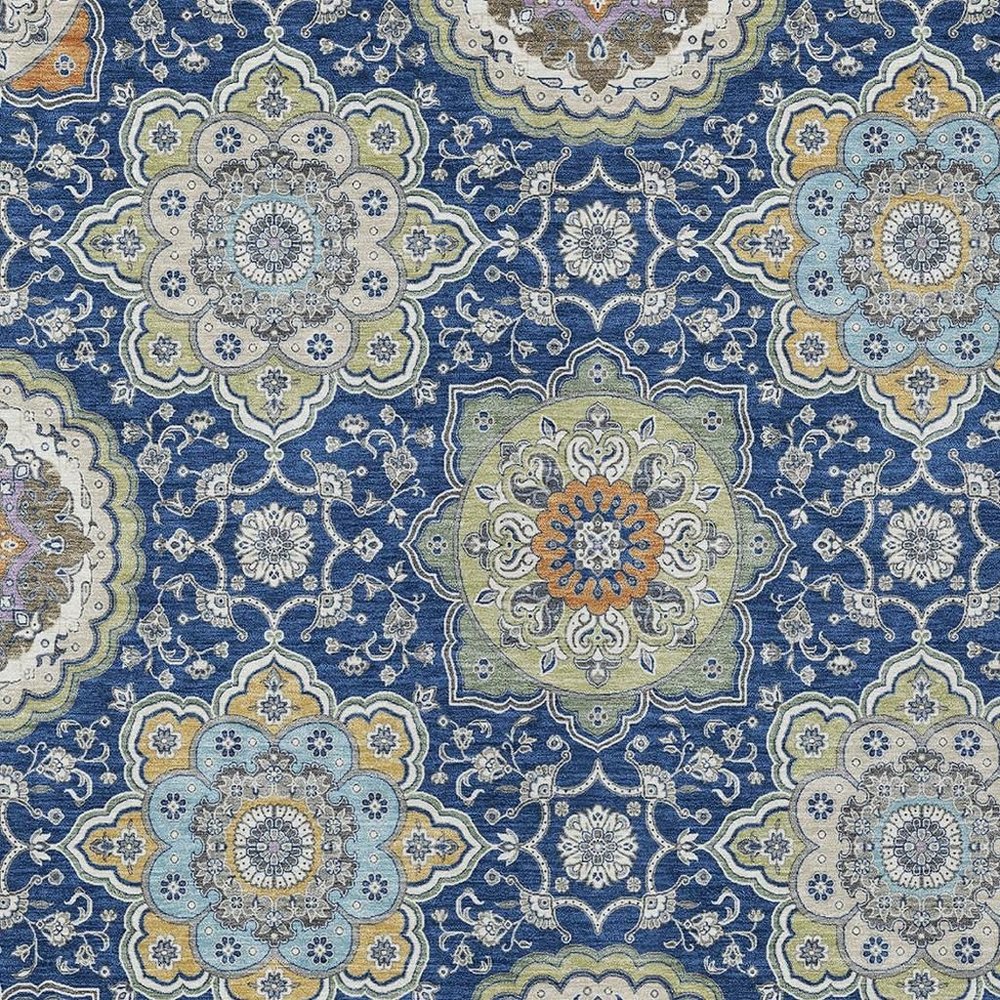 10' X 14' Navy Blue And Taupe Floral Medallion Washable Indoor Outdoor Area Rug HomeRoots