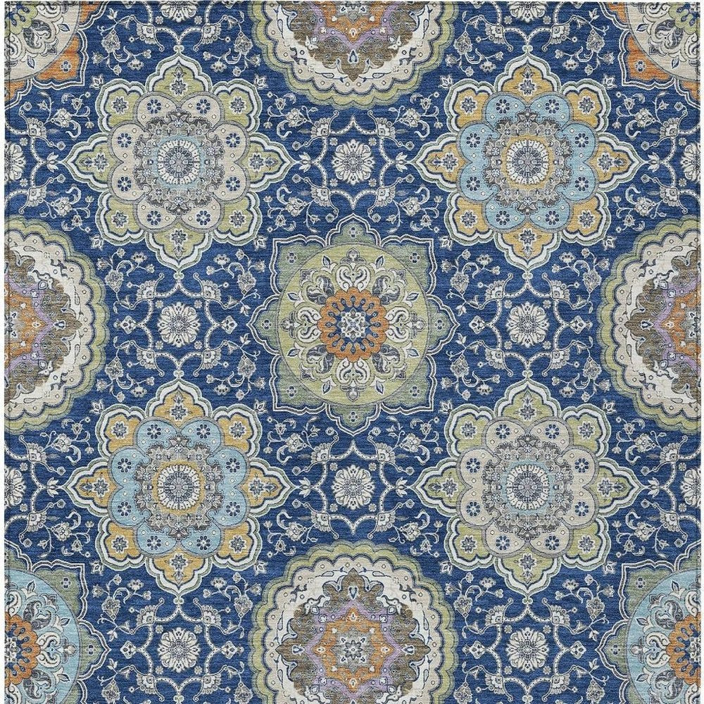 10' X 14' Navy Blue And Taupe Floral Medallion Washable Indoor Outdoor Area Rug HomeRoots