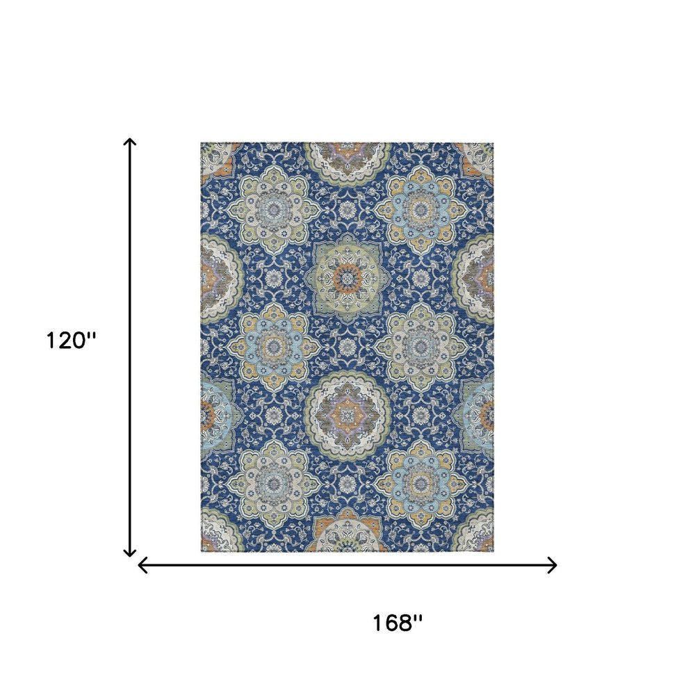 10' X 14' Navy Blue And Taupe Floral Medallion Washable Indoor Outdoor Area Rug HomeRoots