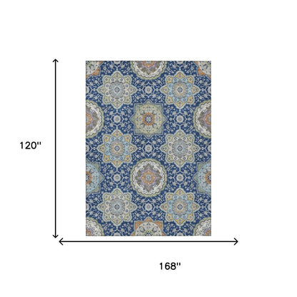 10' X 14' Navy Blue And Taupe Floral Medallion Washable Indoor Outdoor Area Rug HomeRoots