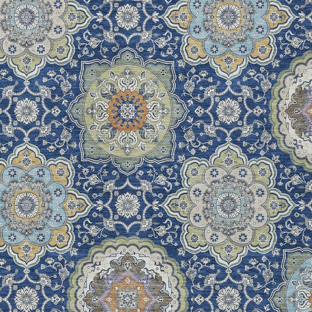 10' X 14' Navy Blue And Taupe Floral Medallion Washable Indoor Outdoor Area Rug HomeRoots