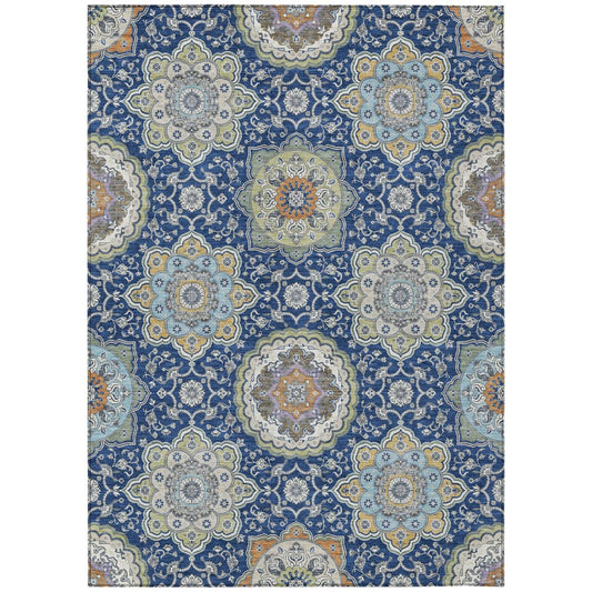 10' X 14' Navy Blue And Taupe Floral Medallion Washable Indoor Outdoor Area Rug HomeRoots