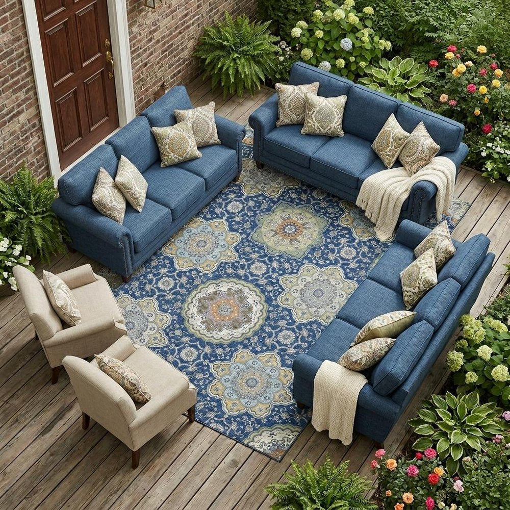 10' X 14' Navy Blue And Taupe Floral Medallion Washable Indoor Outdoor Area Rug HomeRoots