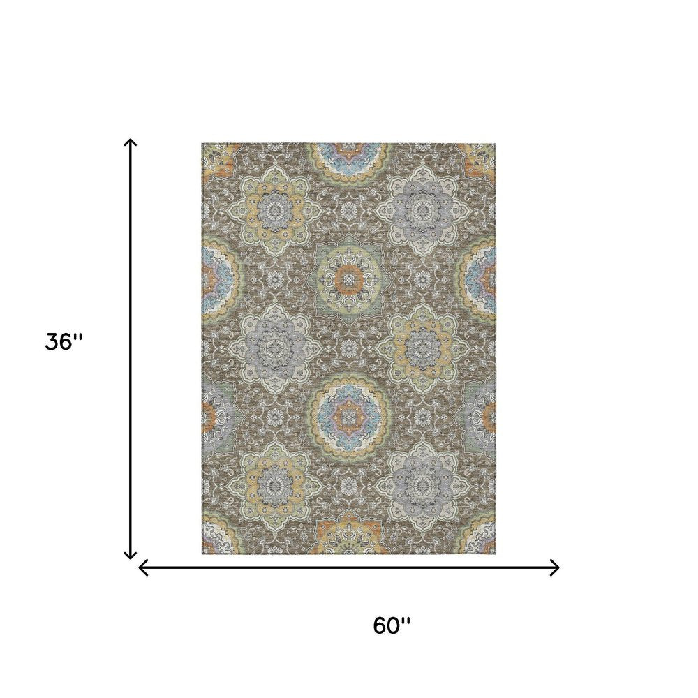 3' X 5' Taupe And Ivory Floral Medallion Washable Indoor Outdoor Area Rug HomeRoots