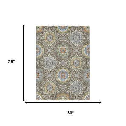 3' X 5' Taupe And Ivory Floral Medallion Washable Indoor Outdoor Area Rug HomeRoots