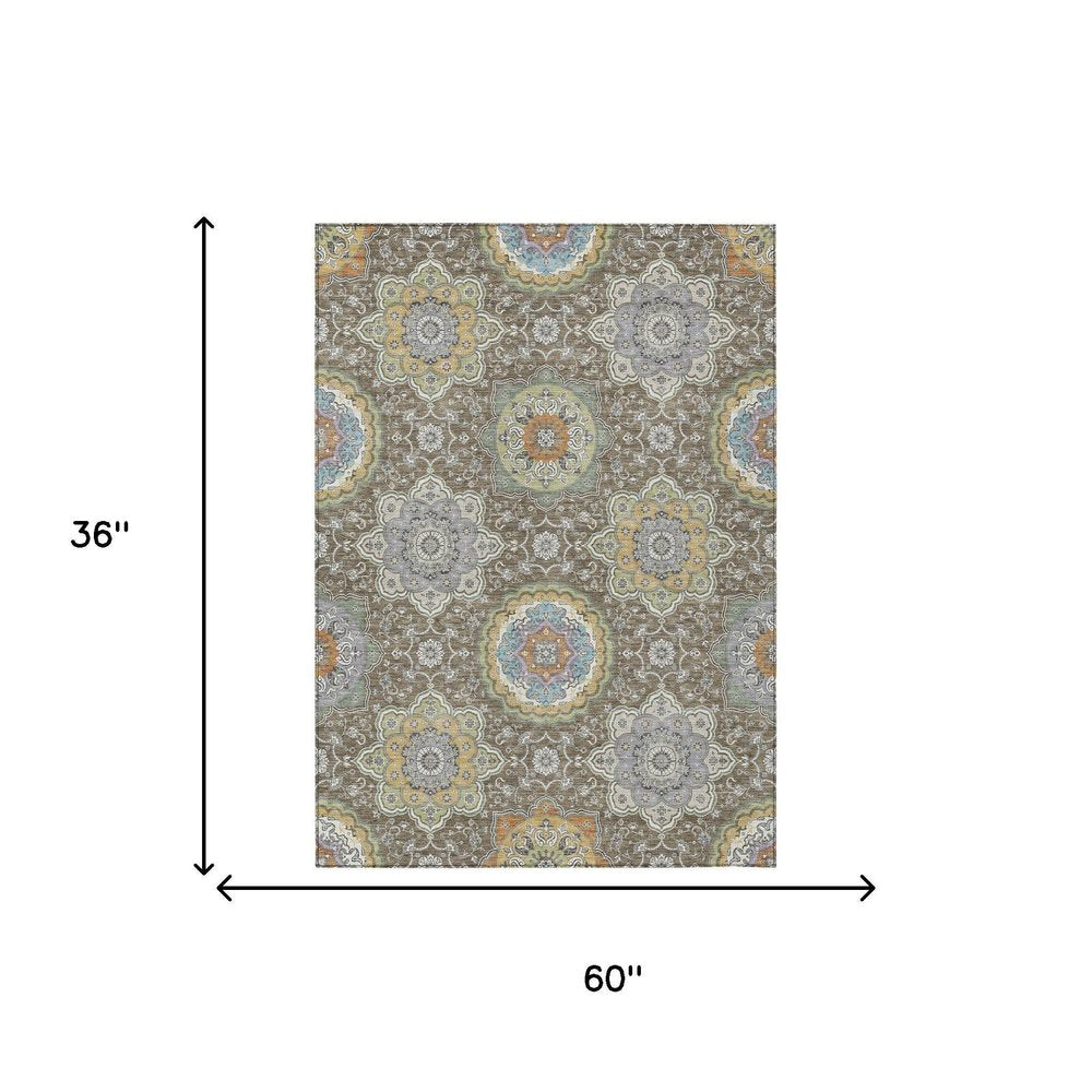 3' X 5' Taupe And Ivory Floral Medallion Washable Indoor Outdoor Area Rug HomeRoots