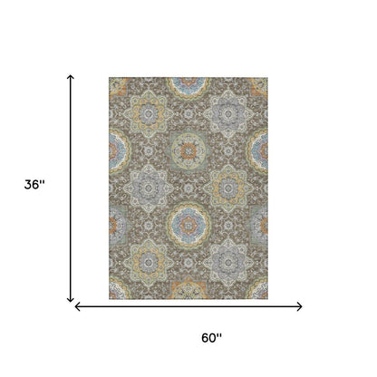 3' X 5' Taupe And Ivory Floral Medallion Washable Indoor Outdoor Area Rug HomeRoots