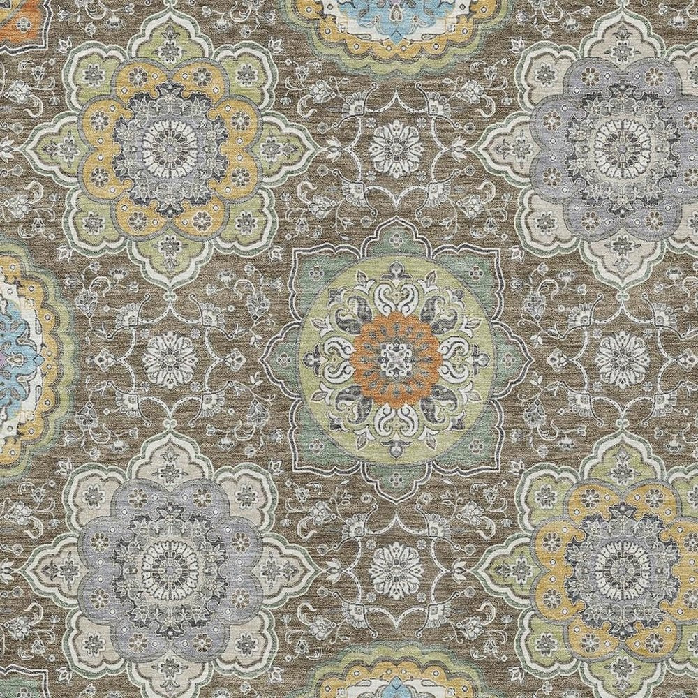 5' X 8' Taupe And Ivory Floral Medallion Washable Indoor Outdoor Area Rug HomeRoots