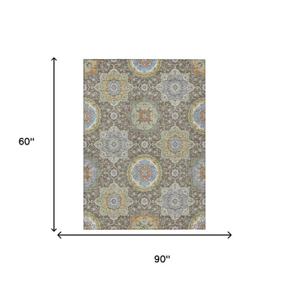 5' X 8' Taupe And Ivory Floral Medallion Washable Indoor Outdoor Area Rug HomeRoots