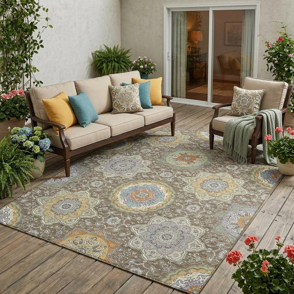 5' X 8' Taupe And Ivory Floral Medallion Washable Indoor Outdoor Area Rug HomeRoots