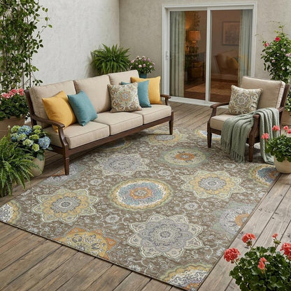 5' X 8' Taupe And Ivory Floral Medallion Washable Indoor Outdoor Area Rug HomeRoots
