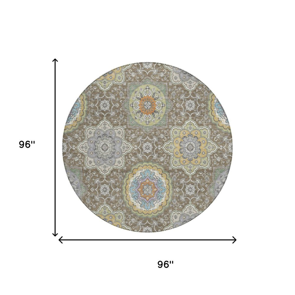 8' Taupe And Ivory Round Floral Medallion Washable Indoor Outdoor Area Rug HomeRoots