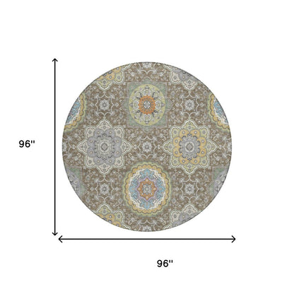 8' Taupe And Ivory Round Floral Medallion Washable Indoor Outdoor Area Rug HomeRoots