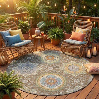 8' Taupe And Ivory Round Floral Medallion Washable Indoor Outdoor Area Rug HomeRoots