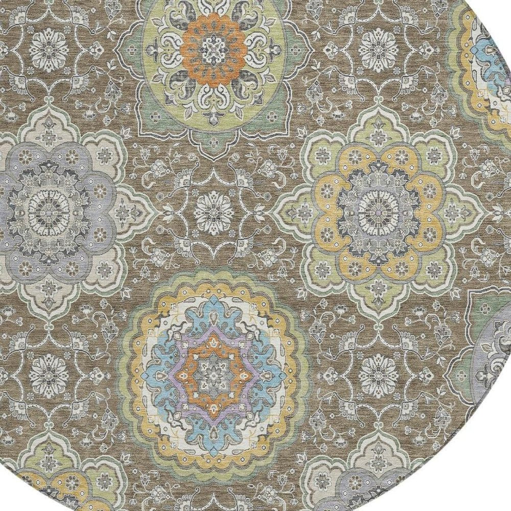 8' Taupe And Ivory Round Floral Medallion Washable Indoor Outdoor Area Rug HomeRoots