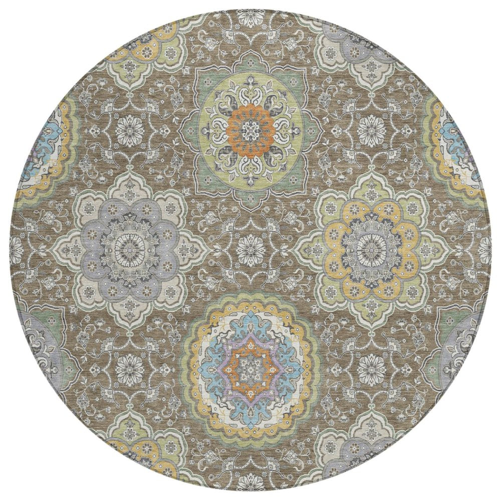 8' Taupe And Ivory Round Floral Medallion Washable Indoor Outdoor Area Rug HomeRoots