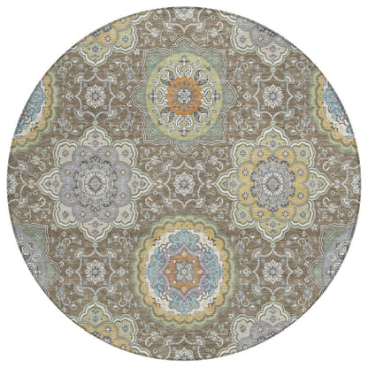 8' Taupe And Ivory Round Floral Medallion Washable Indoor Outdoor Area Rug HomeRoots