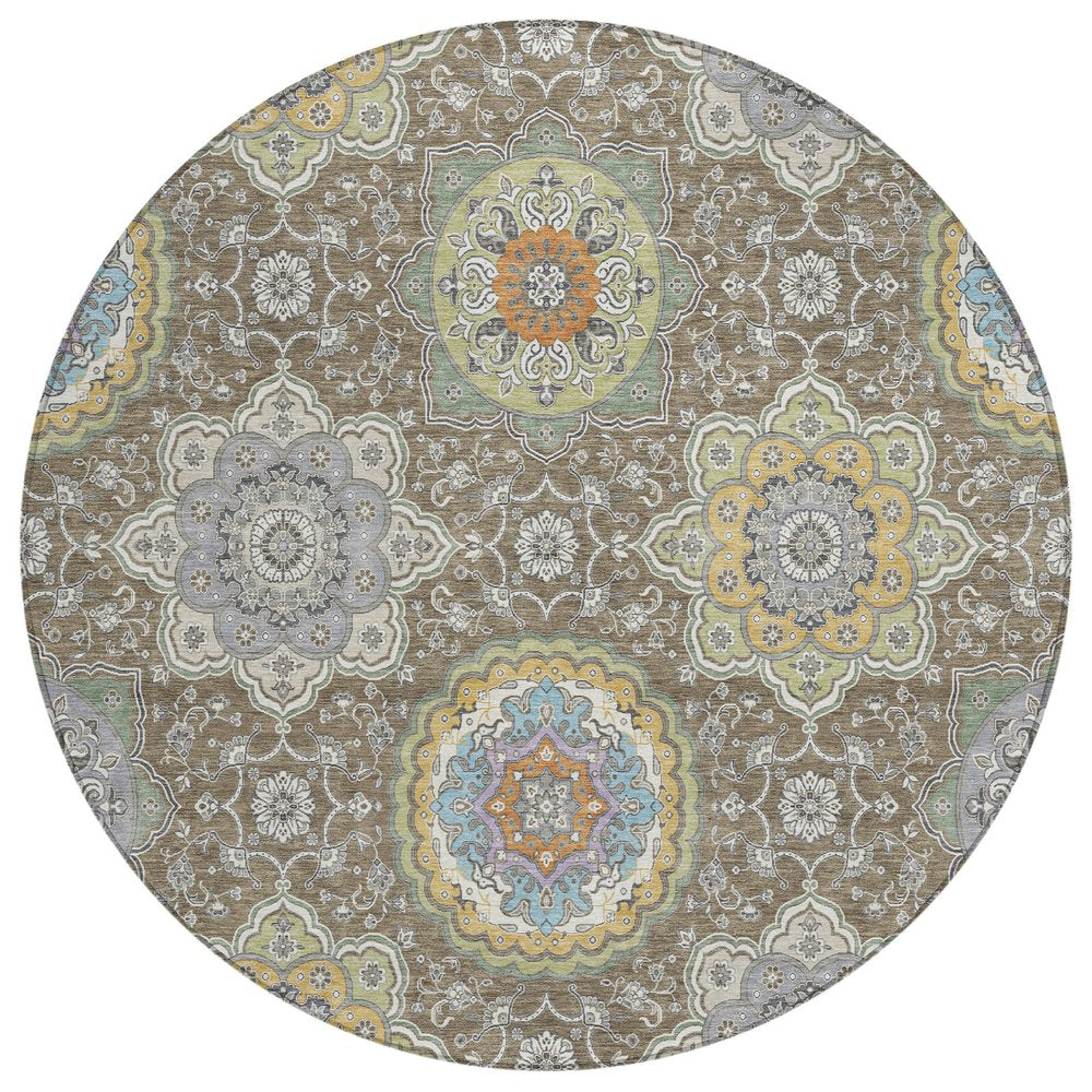 8' Taupe And Ivory Round Floral Medallion Washable Indoor Outdoor Area Rug HomeRoots