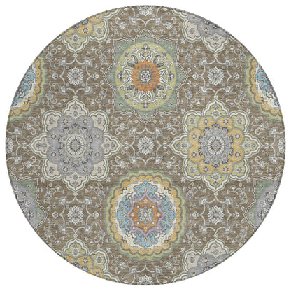 8' Taupe And Ivory Round Floral Medallion Washable Indoor Outdoor Area Rug HomeRoots