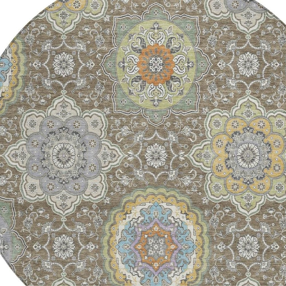 8' Taupe And Ivory Round Floral Medallion Washable Indoor Outdoor Area Rug HomeRoots