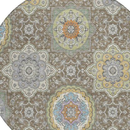 8' Taupe And Ivory Round Floral Medallion Washable Indoor Outdoor Area Rug HomeRoots