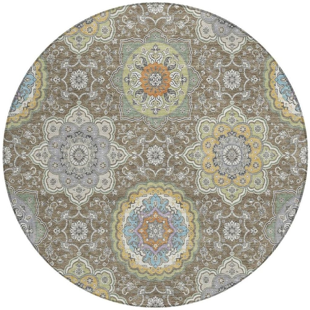 8' Taupe And Ivory Round Floral Medallion Washable Indoor Outdoor Area Rug HomeRoots