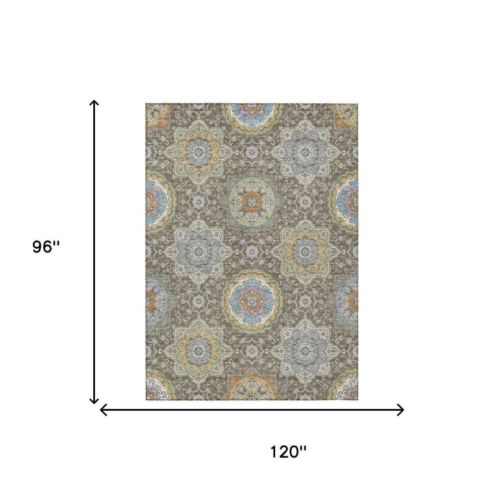 8' X 10' Taupe And Ivory Floral Medallion Washable Indoor Outdoor Area Rug HomeRoots