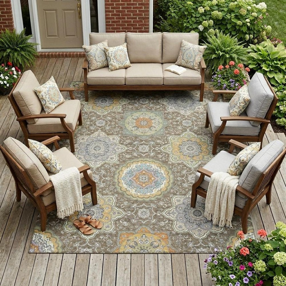 8' X 10' Taupe And Ivory Floral Medallion Washable Indoor Outdoor Area Rug HomeRoots