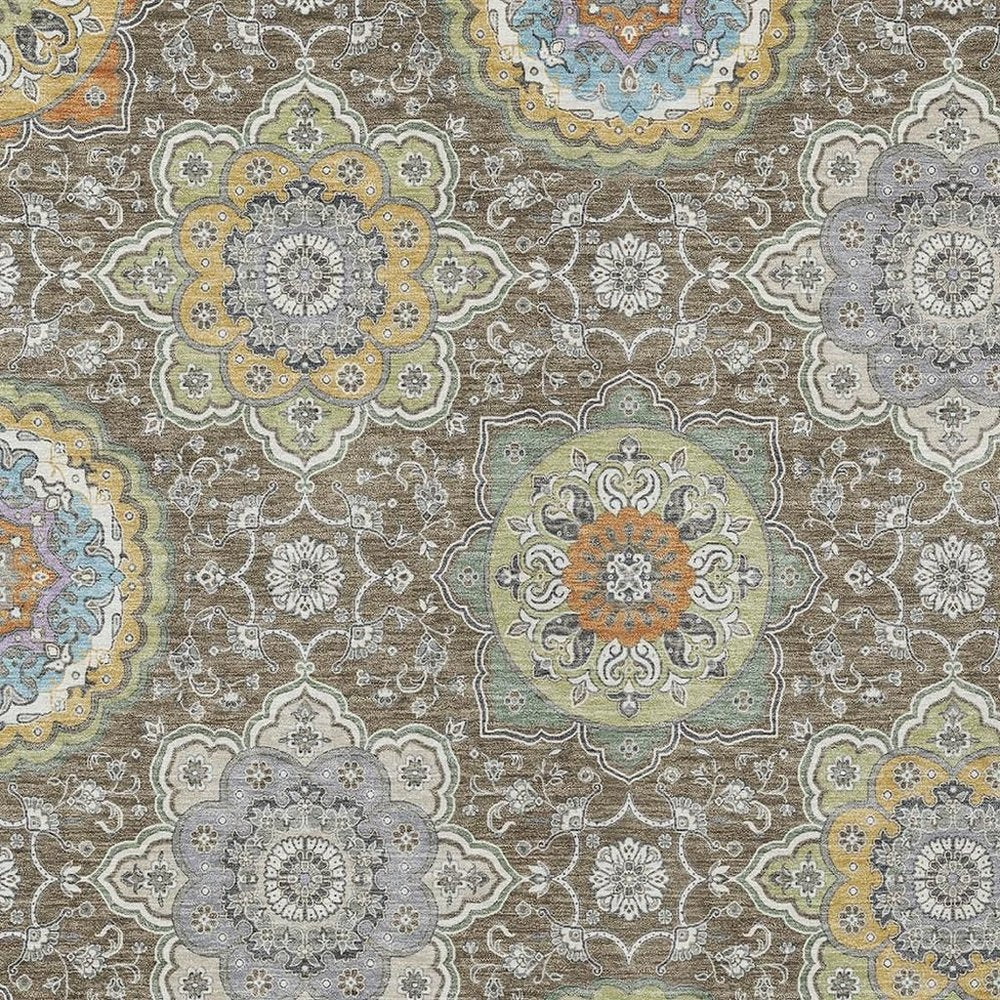 9' X 12' Taupe And Ivory Floral Medallion Washable Indoor Outdoor Area Rug HomeRoots