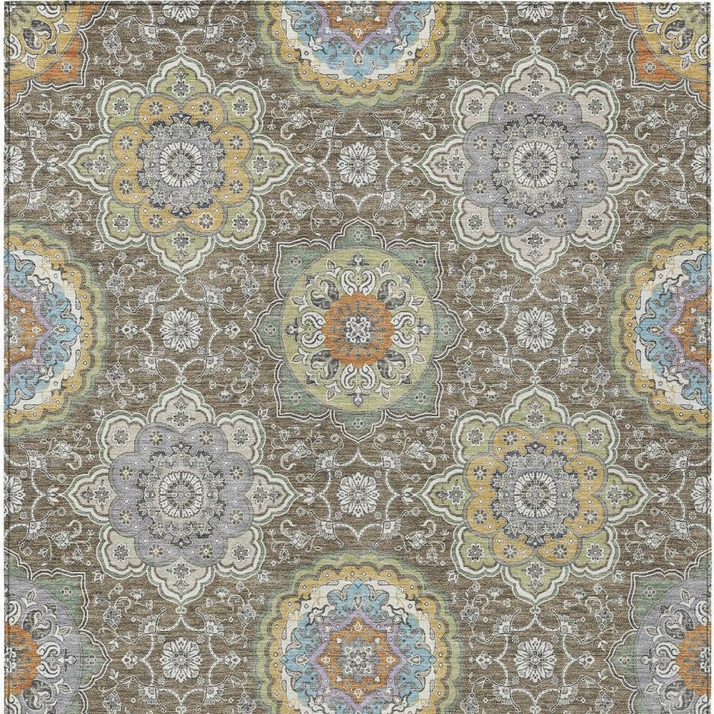 9' X 12' Taupe And Ivory Floral Medallion Washable Indoor Outdoor Area Rug HomeRoots