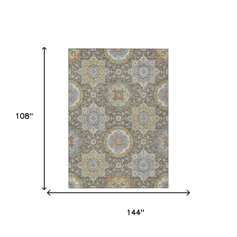 9' X 12' Taupe And Ivory Floral Medallion Washable Indoor Outdoor Area Rug HomeRoots