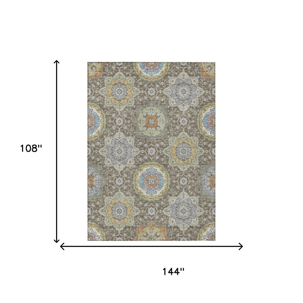 9' X 12' Taupe And Ivory Floral Medallion Washable Indoor Outdoor Area Rug HomeRoots