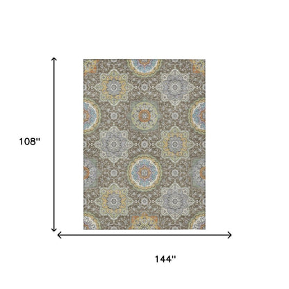 9' X 12' Taupe And Ivory Floral Medallion Washable Indoor Outdoor Area Rug HomeRoots