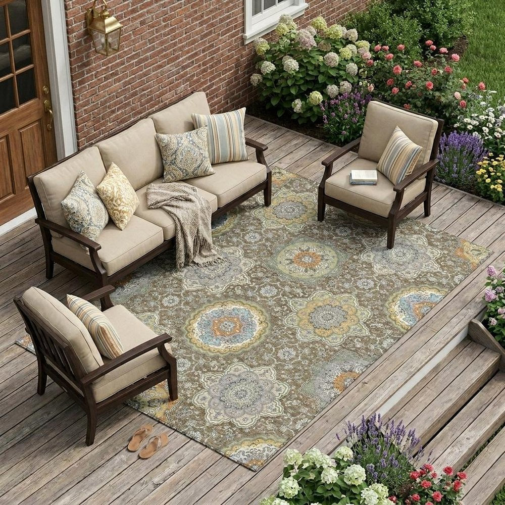 9' X 12' Taupe And Ivory Floral Medallion Washable Indoor Outdoor Area Rug HomeRoots