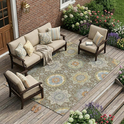 9' X 12' Taupe And Ivory Floral Medallion Washable Indoor Outdoor Area Rug HomeRoots