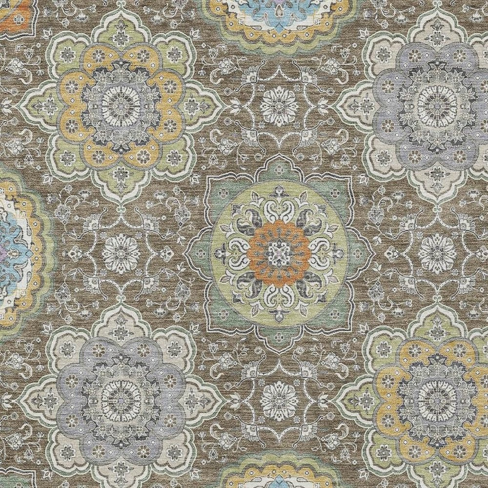 10' X 14' Taupe And Ivory Floral Medallion Washable Indoor Outdoor Area Rug HomeRoots