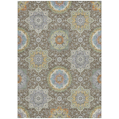 10' X 14' Taupe And Ivory Floral Medallion Washable Indoor Outdoor Area Rug HomeRoots