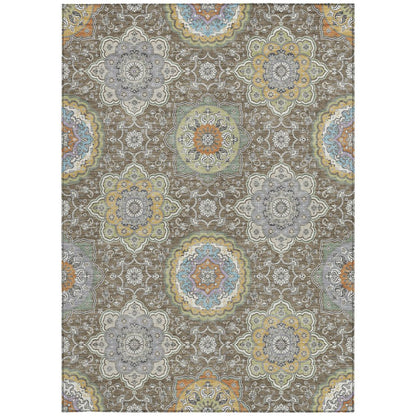 10' X 14' Taupe And Ivory Floral Medallion Washable Indoor Outdoor Area Rug HomeRoots